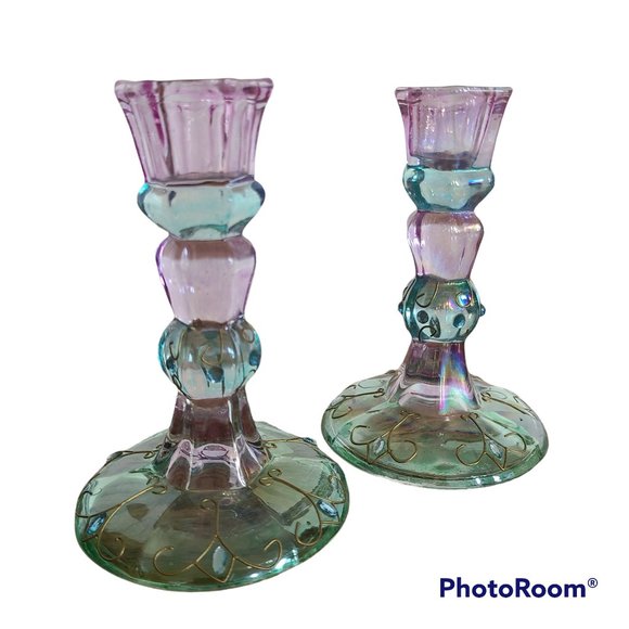 PartyLite Mardi Gras Colorful Tapered Candlestick Holder Pair Set of Two 5" Tall